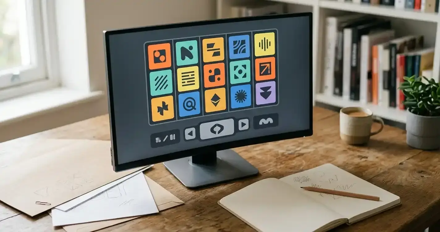 Abstract game tiles on a muted studio monitor beside a blank sketchpad