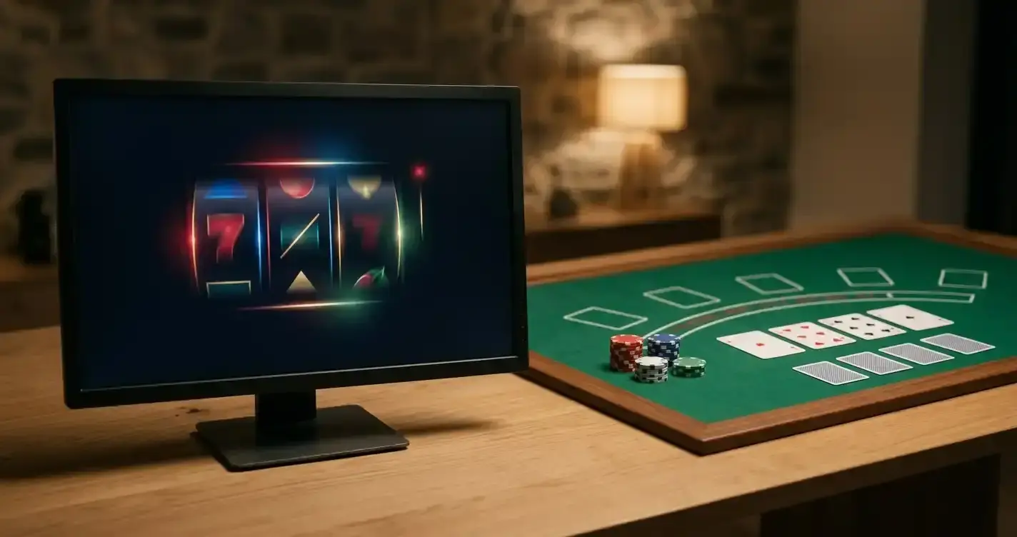 Abstract reel symbols on one screen beside a softly lit live table setting