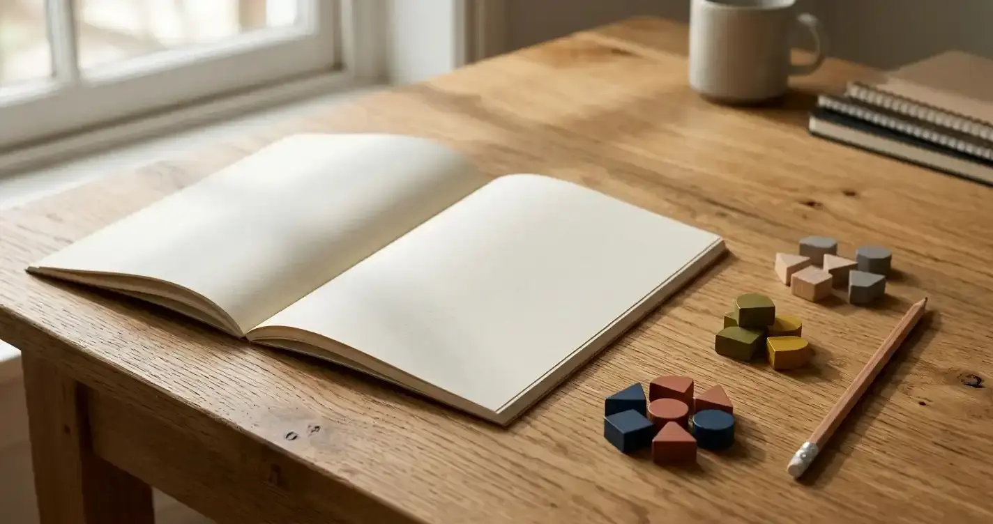 Blank ledger on a wooden desk with small abstract coloured tokens beside it