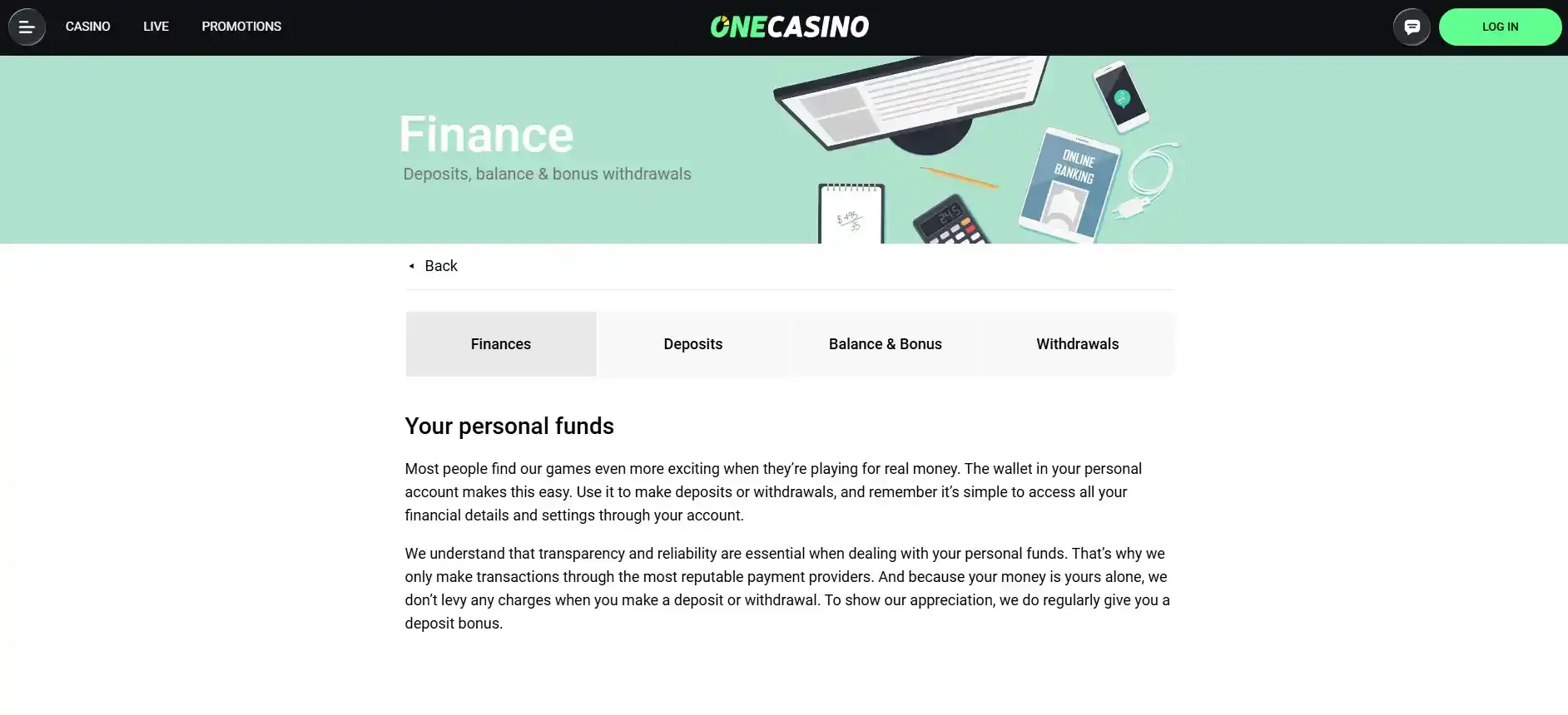 OneCasino financial information page with deposit and withdrawal instructions