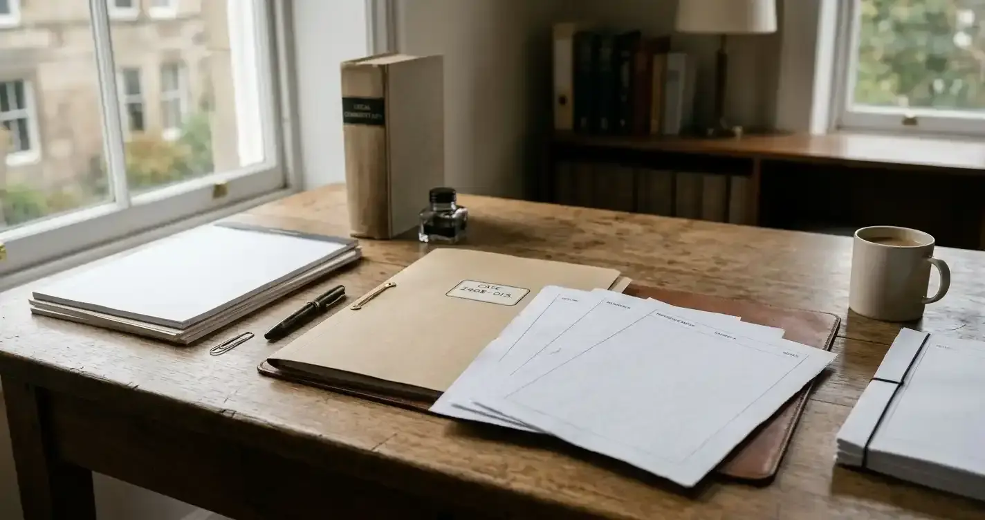 Open reference papers and a closed folder arranged on a neutral desk