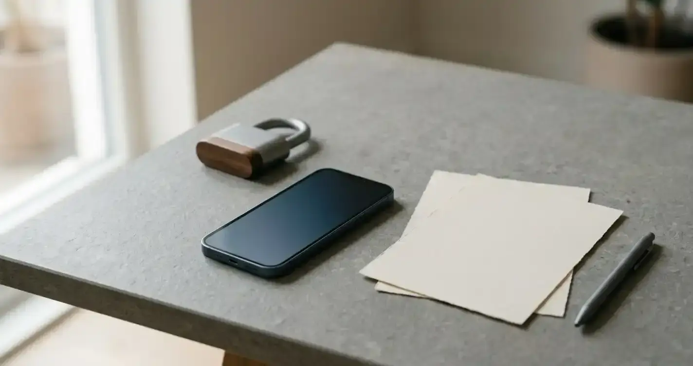 Smartphone with a simple padlock symbol beside unmarked documents on a neutral desk