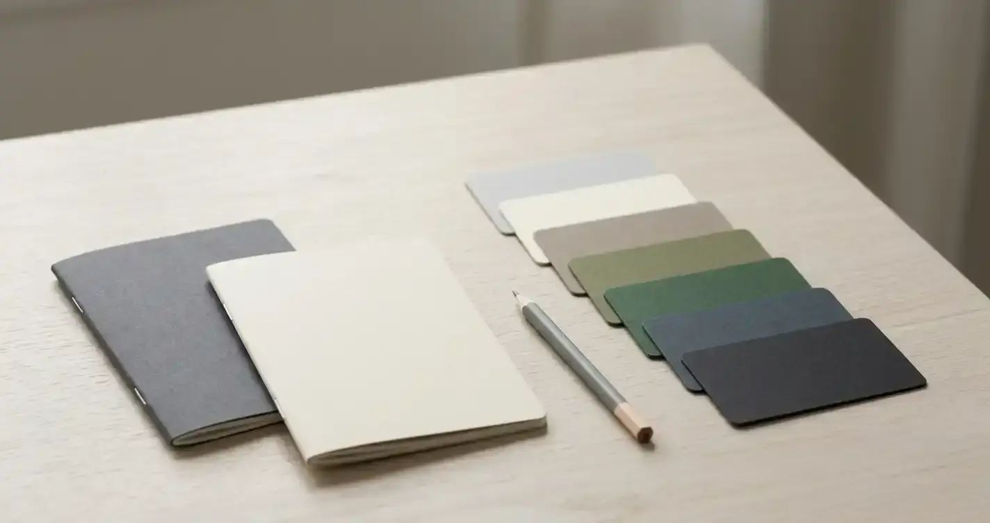 Stack of seven blank membership-style cards beside plain booklets on a light tabletop